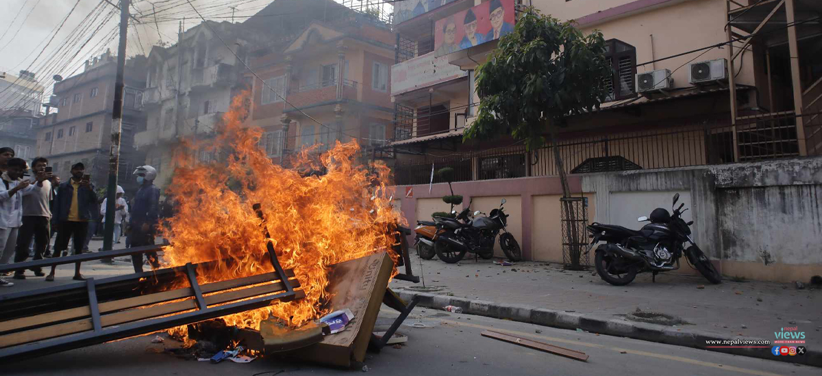 Demonstrators vandalized and set fire at CPN (Unified Socialist) Office (Photos)