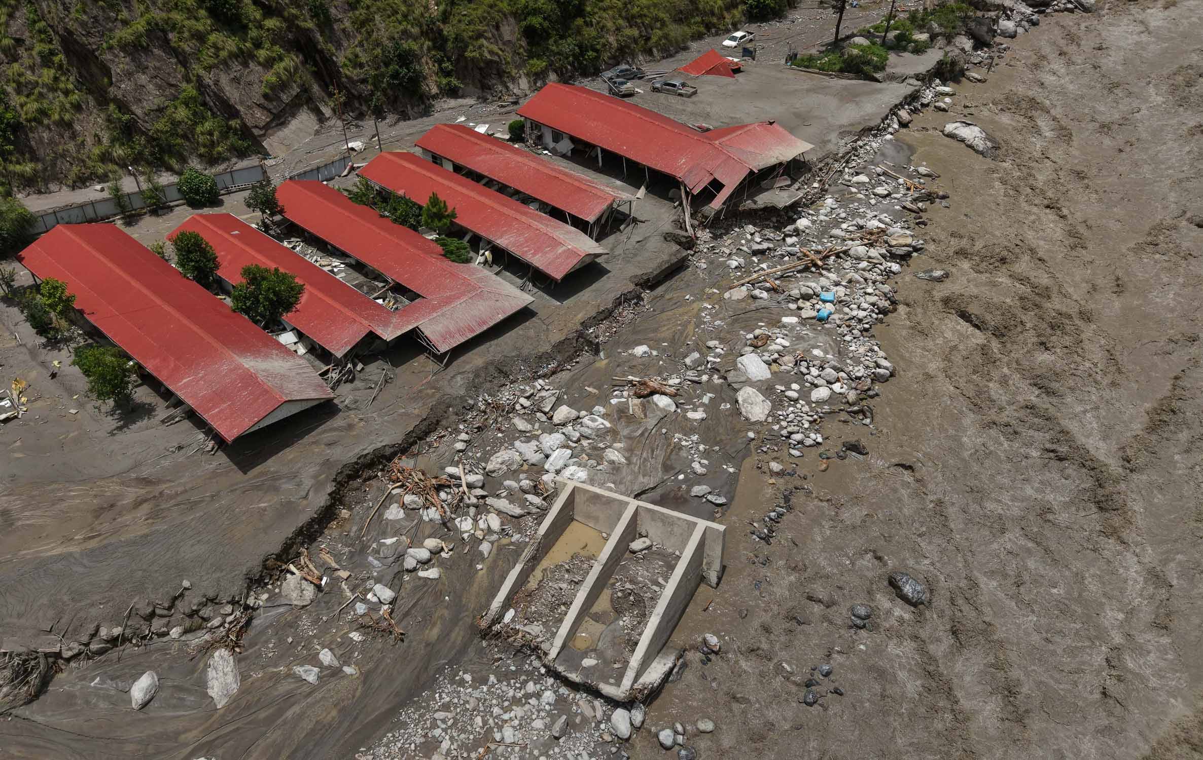 Aerial view of flood debris in the Rasuwa Himalayan river valley